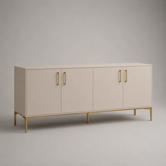 Rechteckiges Sideboard mit 4 Türen aus MDF und Stahl, Cremeweiß/Gold, 160 × 40 × 80 cm