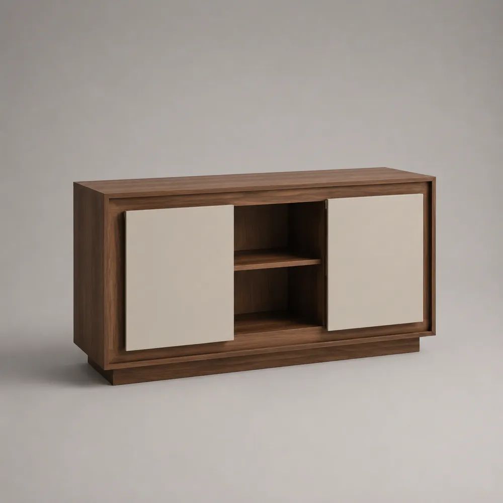 Sideboard mit 2 Schiebetüren und 2 offenen Fächern aus Spanplatte und MDF, Walnussbraun/Beige, 140 × 40 × 80 cm